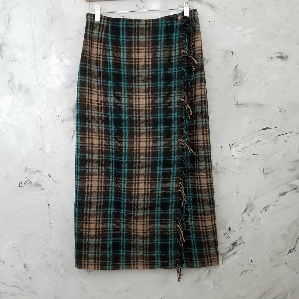 CAMBRIDGE COUNTRY Brown & Min Blue Wool Wrap Skirt